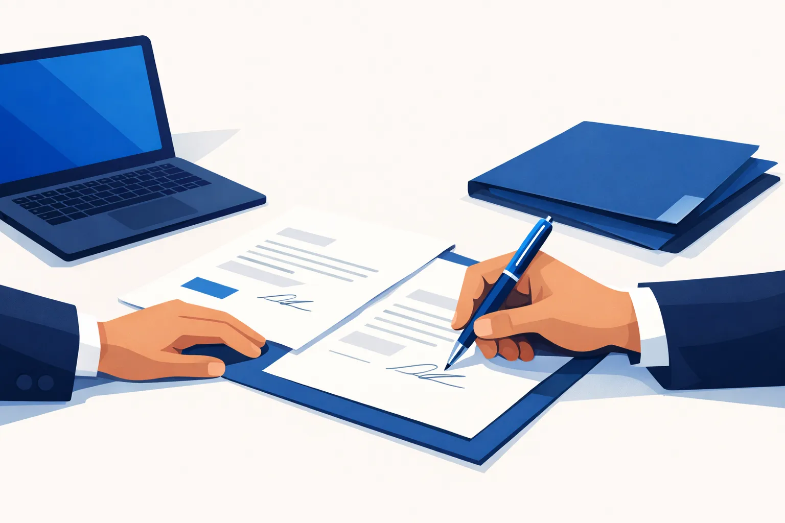 Hands signing company formation documents at a modern desk
