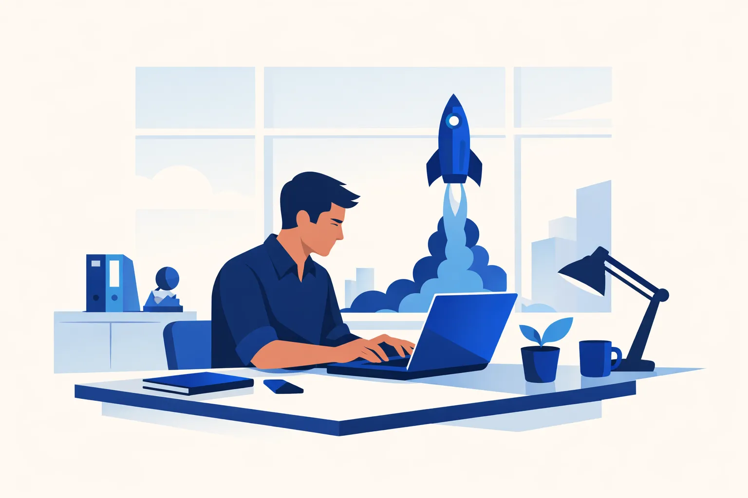 A founder launching a business on a laptop in a modern office