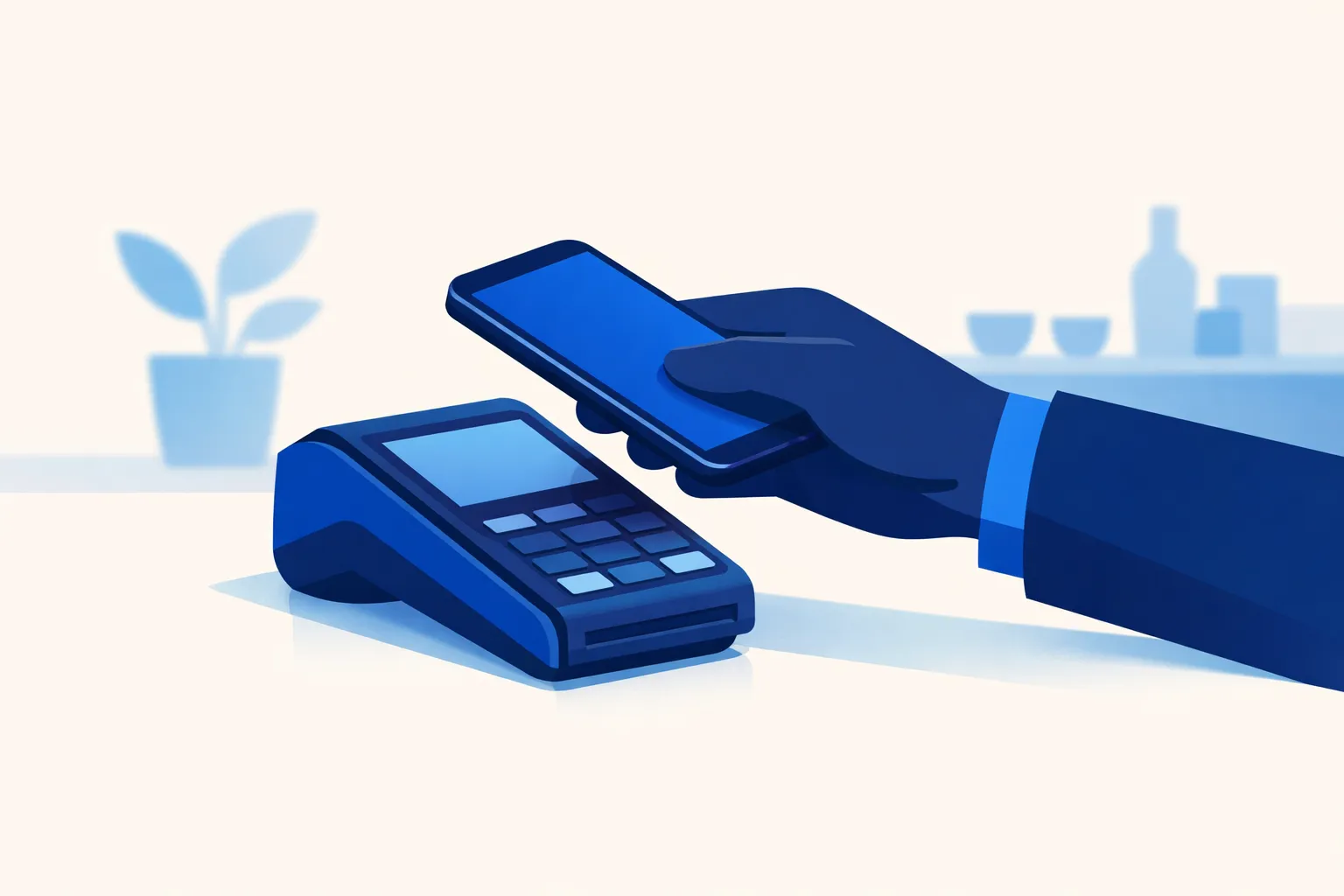 A hand tapping a smartphone to pay at a modern card terminal