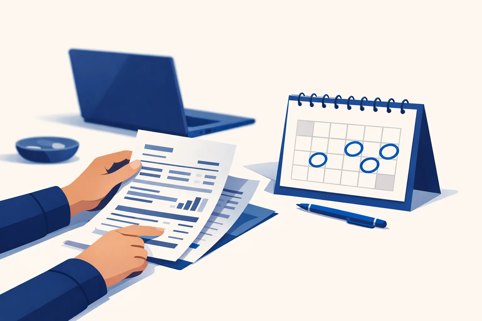 Hands reviewing bank statements next to a calendar with due dates marked