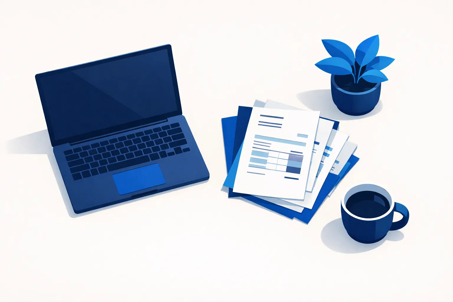A tidy desk with a laptop and neatly organised invoices and receipts