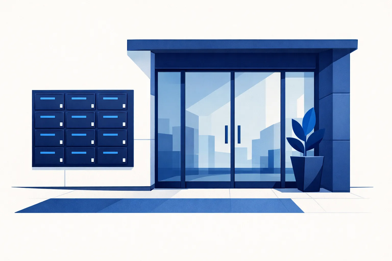 Entrance of a modern city office building with professional mailboxes